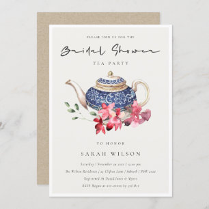 Red Blue Floral Teapot Bridal Shower Party Invite