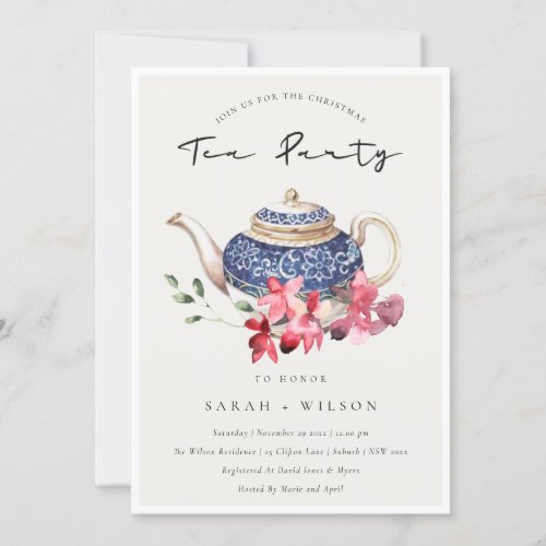 Red Blue Floral Teapot Christmas Tea Party Invite