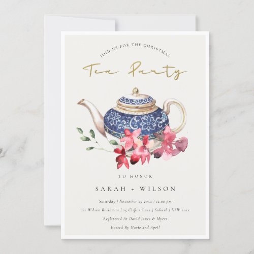 Red Blue Floral Teapot Christmas Tea Party Invite