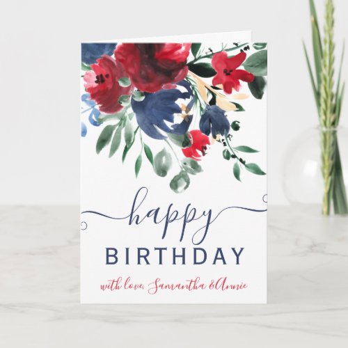 Red blue floral watercolor 2 photos birthday card