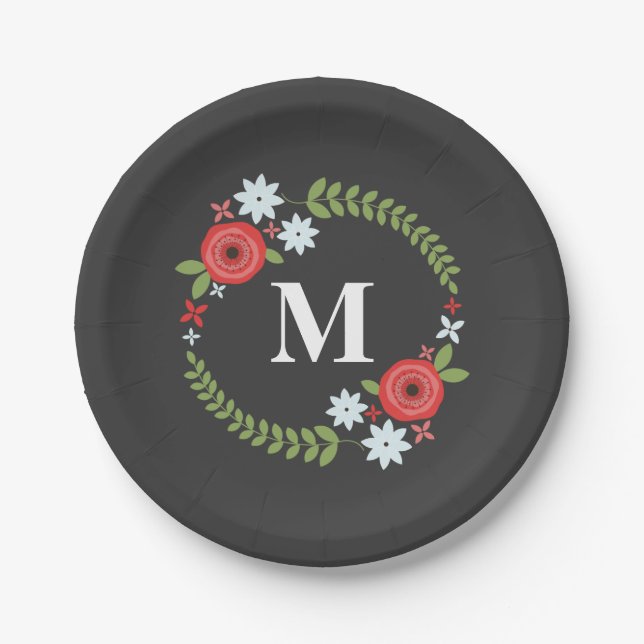 Red + Blue Floral Wreath Monogram Paper Plates (Front)