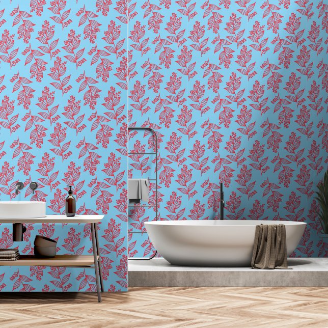Red Blue Flower Botanical Floral Line Art Pattern Wallpaper (Bathroom)