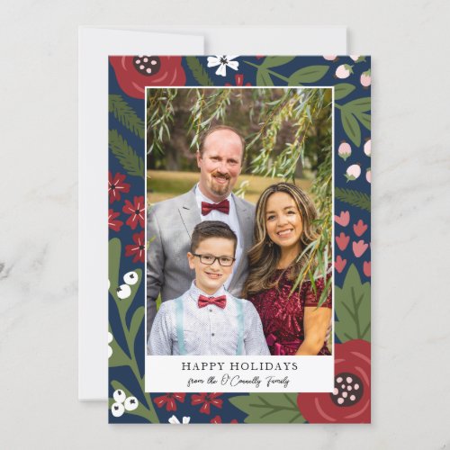 Red  Blue Flowers  Berries Happy Holidays Photo Holiday Card