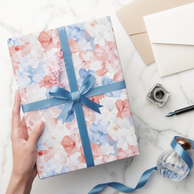 Red Blue Flowers Birthday Wrapping Paper (Gifting)