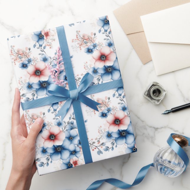 Red & Blue Flowers on White Wrapping Paper (Gifting)
