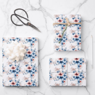 Red & Blue Flowers on White Wrapping Paper Sheets