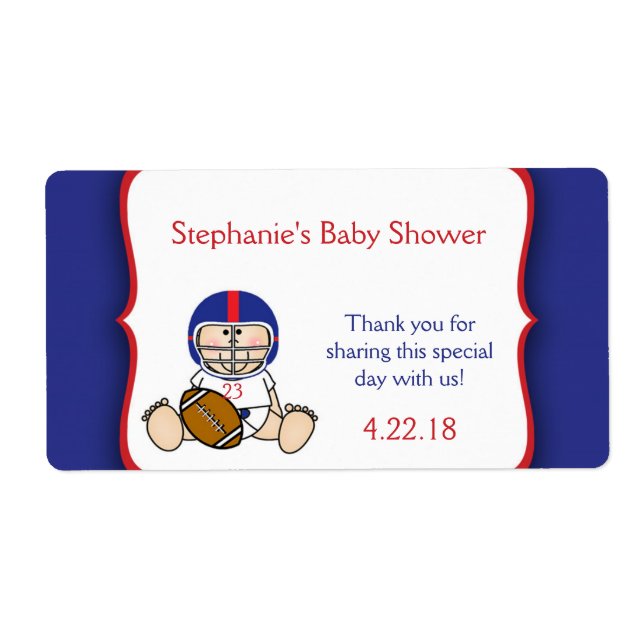 Red Blue Football Baby shower water bottle favor Label (Front)