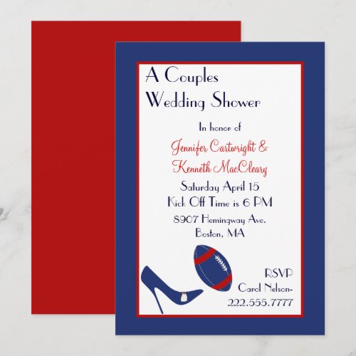Red &amp; Blue Football Couples Wedding Shower Personalized Invites