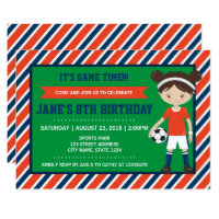 Red Blue Football Girl Soccer Birthday Invitation