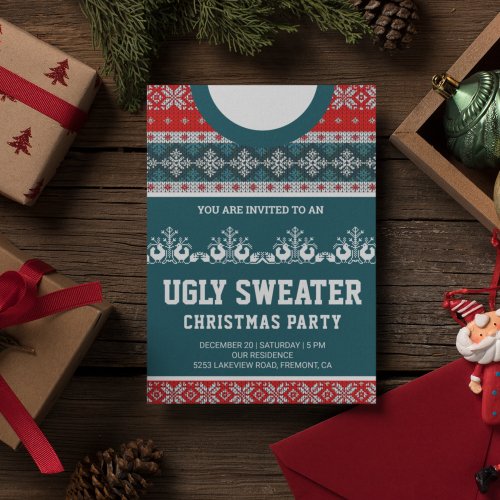 Red Blue Funny Tacky Ugly Sweater Christmas Party Invitation