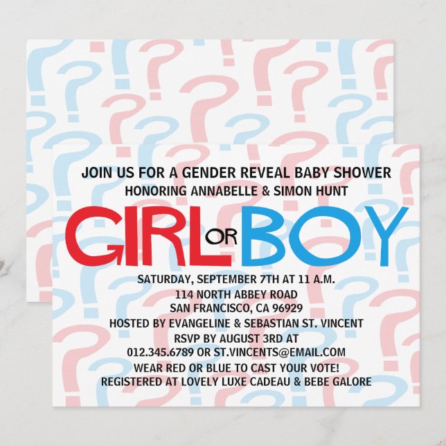 Red & Blue Gender Reveal Baby Shower Party Invites (Front/Back)