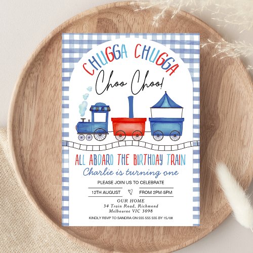 Red Blue Gingham Chugga Chugga Train 1st Birthday Invitation