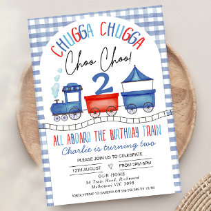 Red Blue Gingham Chugga Chugga Train Birthday Invitation