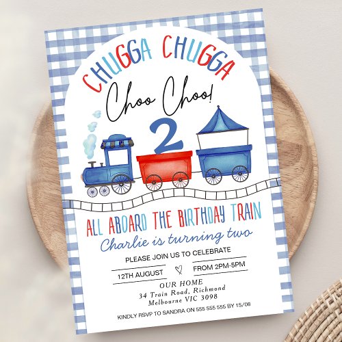 Red Blue Gingham Chugga Chugga Train Birthday Invitation
