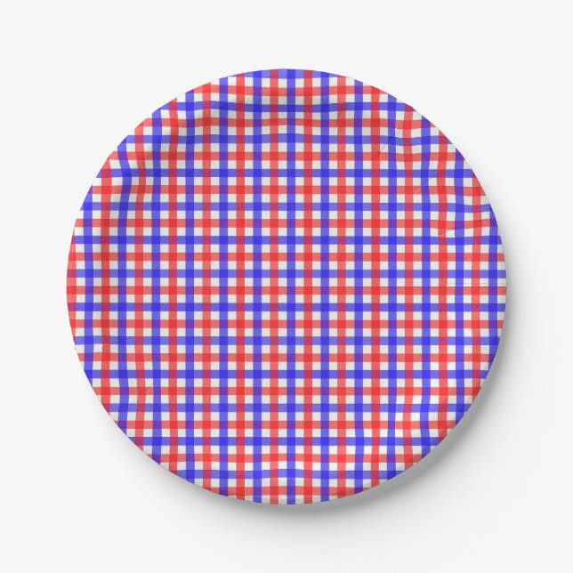 Red Blue Gingham Plaid Pattern Paper Plates (Front)