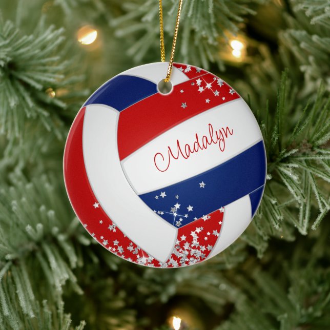 red blue girls volleyball silver stars accent  ceramic ornament (Tree)