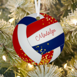 red blue girls volleyball tiny stars accent  metal ornament