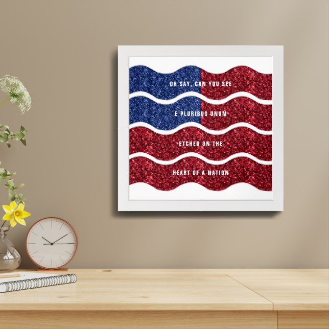 Red Blue Glitter American Flag Patriotic Saying Framed Art (Table Top)