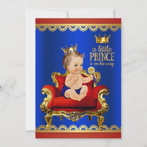 Red Blue Gold Chair Brunette Prince Baby Shower Invitation
