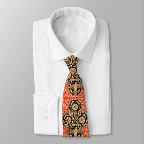 RED BLUE GOLD DAMASK FLOWERS AND WHITE BIRD TIE