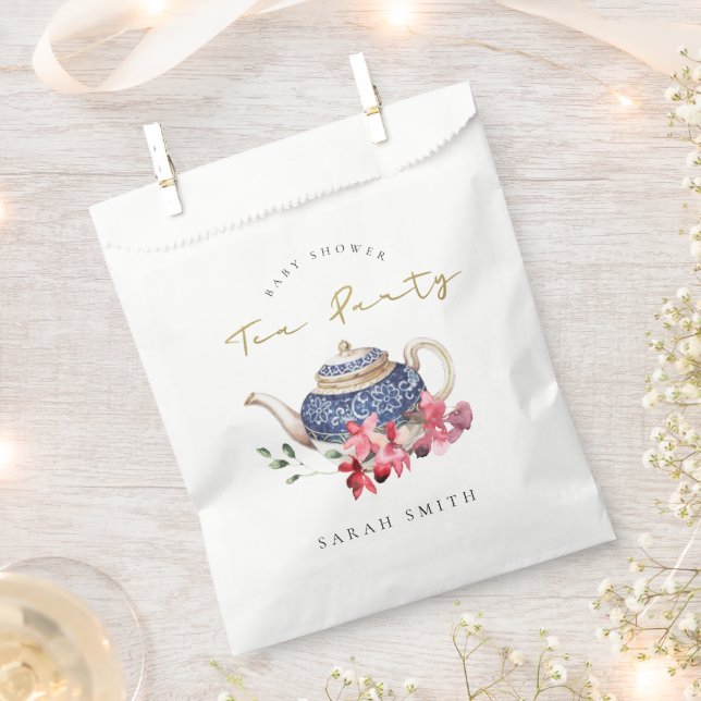 Red Blue Gold Floral Teapot Baby Shower Tea Party Favor Bag (Clipped)