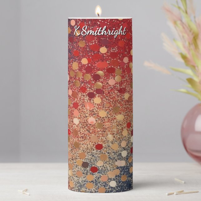 Red Blue Gold Glitter Dots Pillar Candle (In Situ)