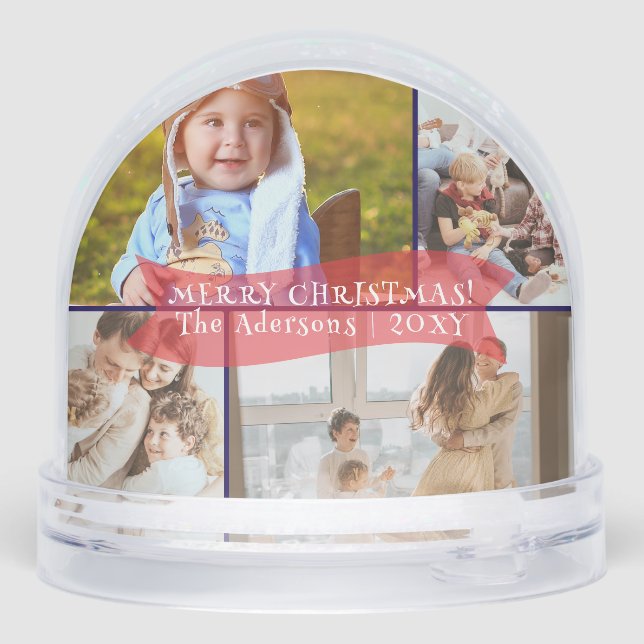 Red Blue Gold Santa Family Photo Merry Christmas Snow Globe (Back)