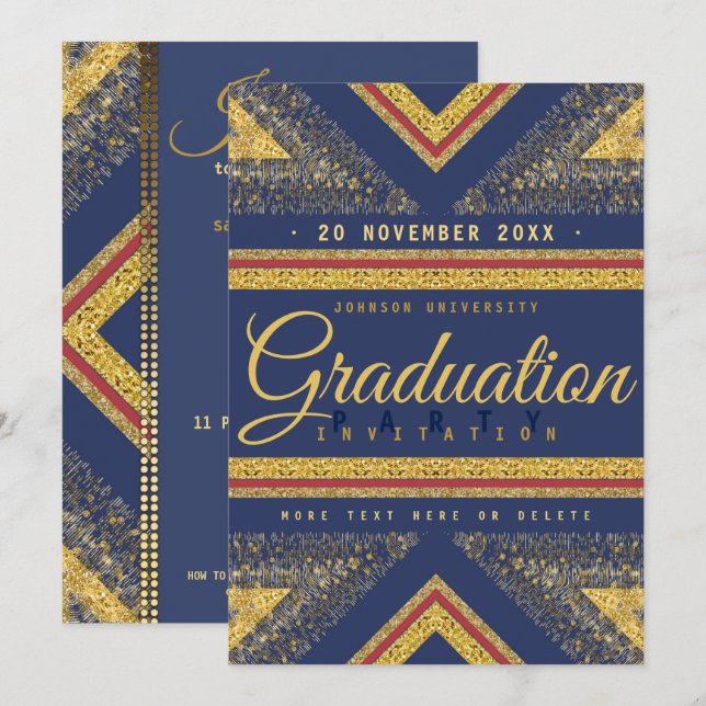 Red Blue & Gold Stylish Graduation Party Invite (Front/Back)