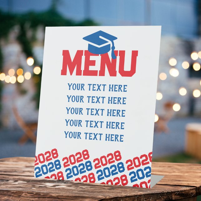 Red & Blue Graduation Menu Party Pedestal Sign (Red, Blue and White Graduation Cap Class Year Menu Pedestal Table Sign)