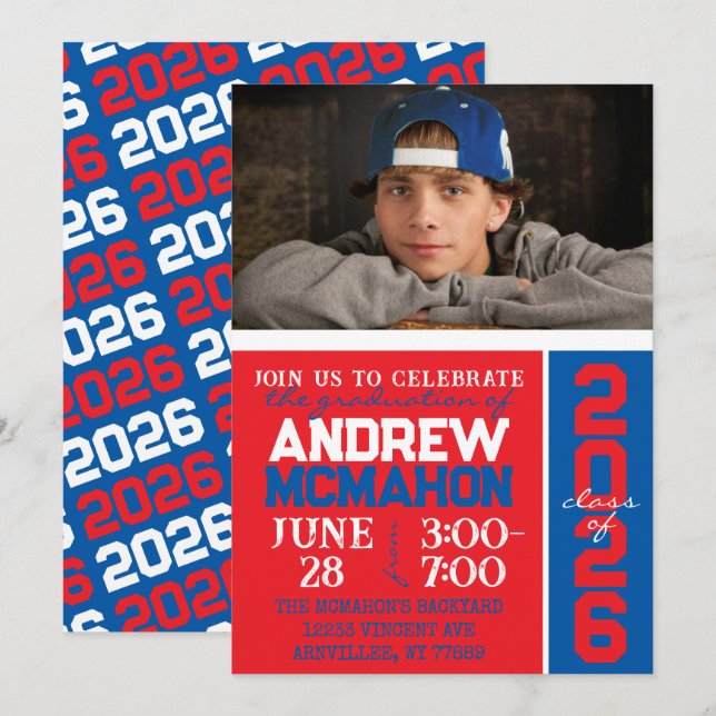 Red & Blue Graduation Photo Invitation (Front/Back)