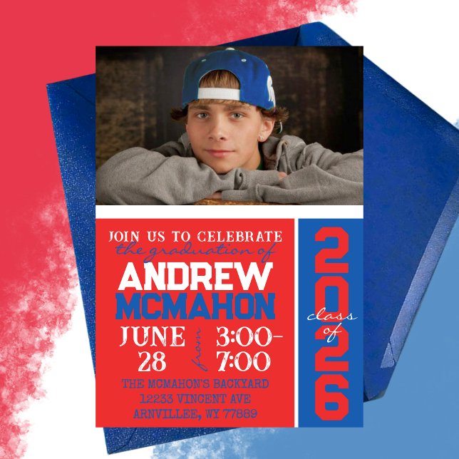 Red & Blue Graduation Photo Invitation (Unique Red and Blue 1 Photo Graduation Color Block Invitations)