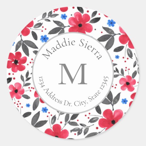 Red Blue Gray Watercolor Flowers labels