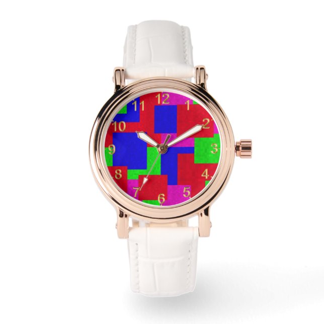 Red Blue Green Abstract Mosaic Block Colors, Watch (Front)