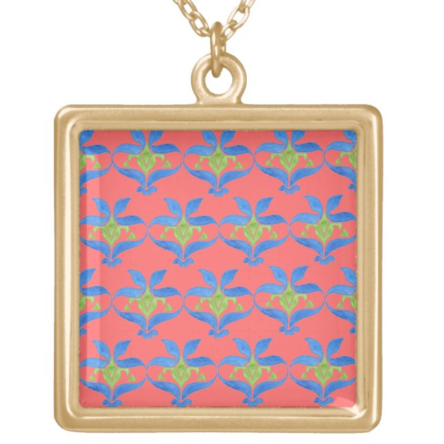 Red, Blue, Green Art Nouveau Gold Finish Necklace (Front)