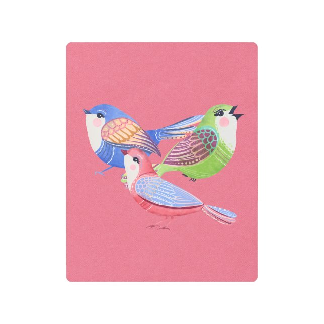 Red Blue Green Birds Folk Art Metal Wall Art (Front)