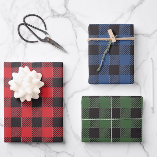 Red Blue Green Buffalo Plaid Wrapping Paper Sheets