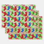 [ Thumbnail: Red, Blue, Green Christmas Stockings & Stripes Wrapping Paper Sheets ]