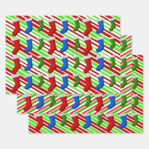 Red, Blue, Green Christmas Stockings & Stripes Wrapping Paper Sheets