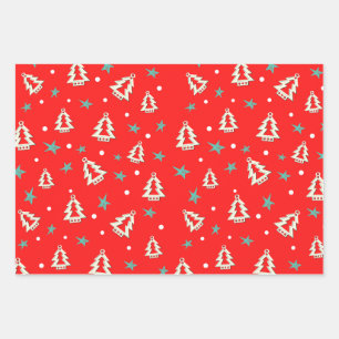 Red Blue Green Christmas Tree Stars Pattern Wrapping Paper Sheets