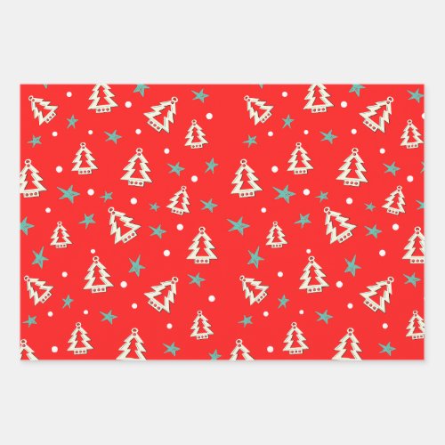 Red Blue Green Christmas Tree Stars Pattern  Wrapping Paper Sheets