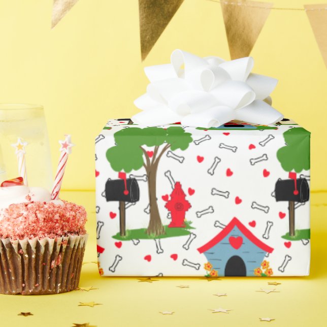 Red blue green dog house bones  wrapping paper (Birthday Party)