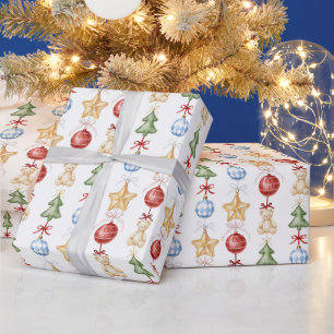 Red Blue Green Gold Stars Christmas Trees Wrapping Paper