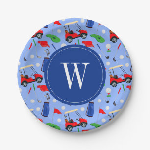 Red Blue & Green Golf Monogram Paper Plates