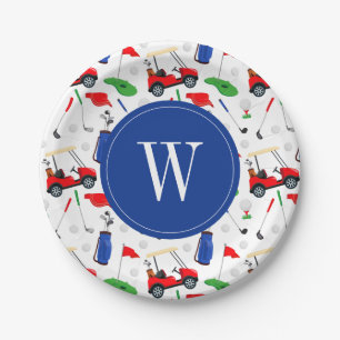 Red Blue & Green Golf Monogram Paper Plates