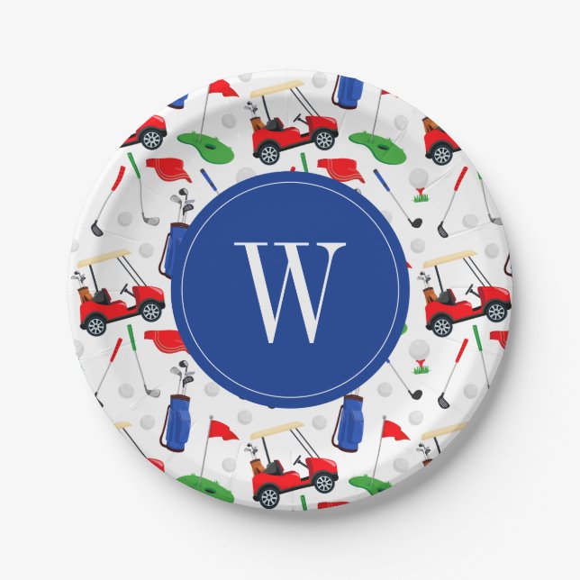 Red Blue & Green Golf Monogram Paper Plates (Front)