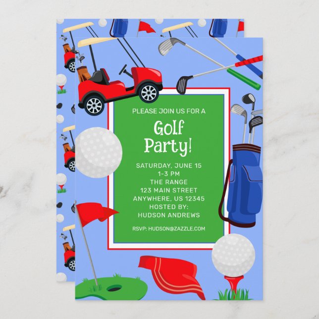 Red Blue & Green Golf Party Invitation (Front/Back)