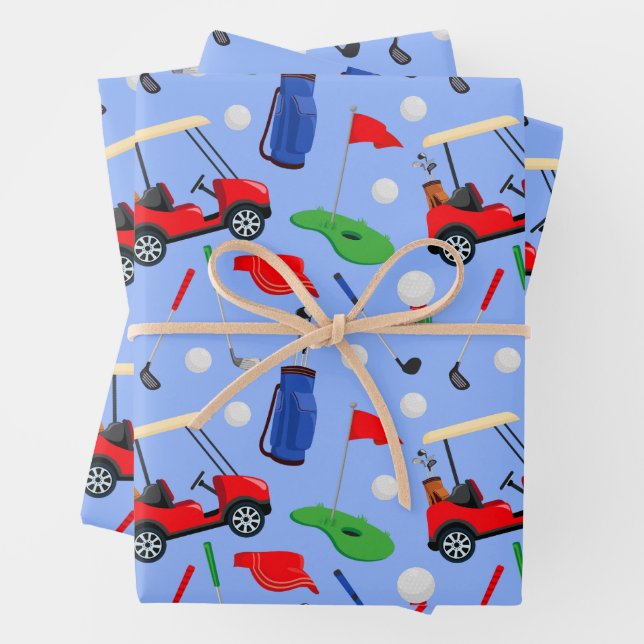 Red Blue & Green Golf Wrapping Paper Sheets (In situ)