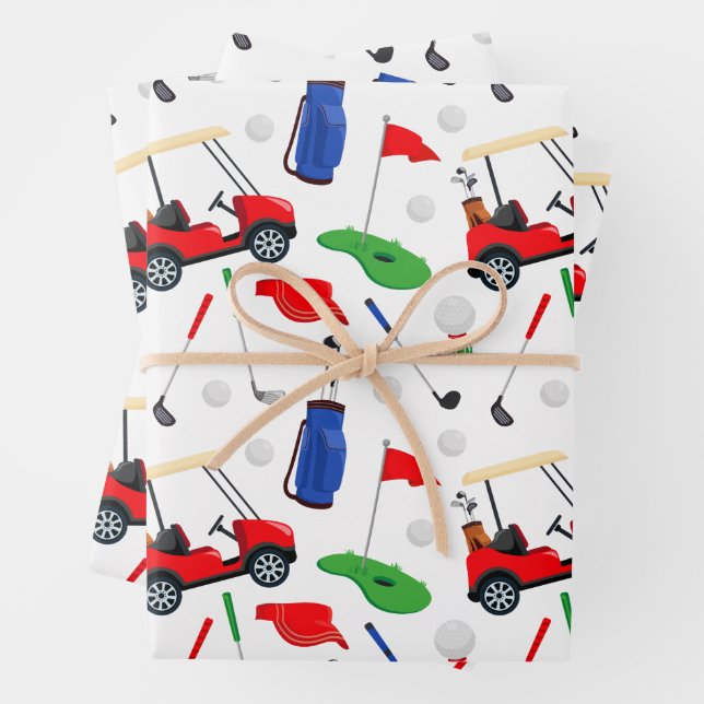 Red Blue & Green Golf Wrapping Paper Sheets (In situ)