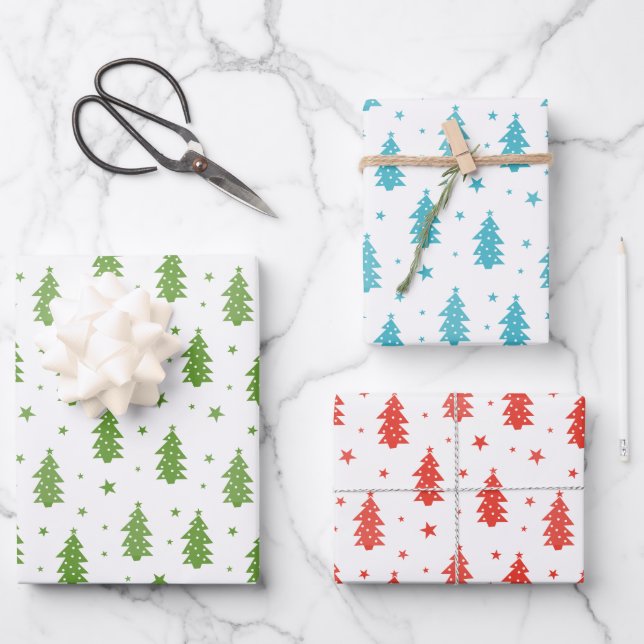 Red Blue Green Matching Christmas Tree Patterns Wrapping Paper Sheets (Front)