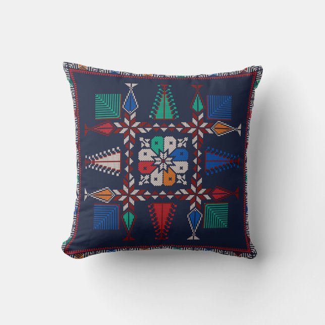 Red, Blue, Green,Orange tatreez Pattern Throw Pillow (Front)
